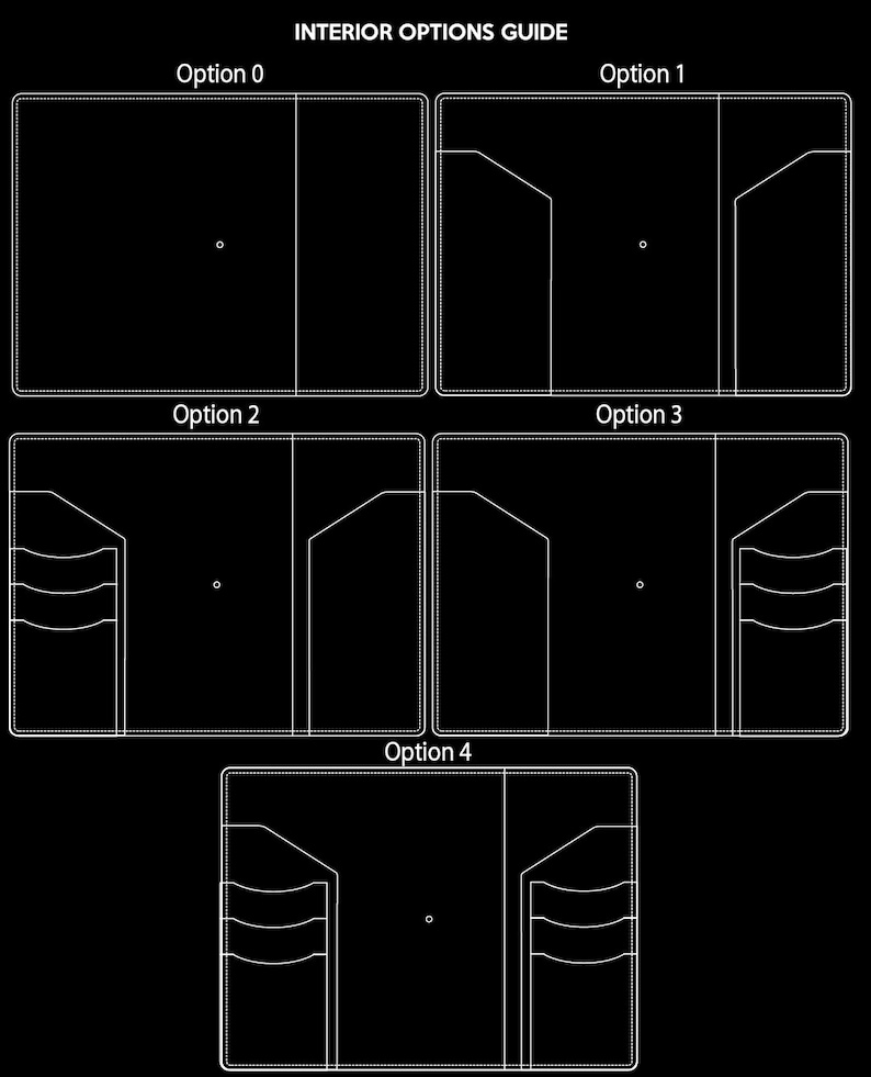 May include: Diagram showing five different interior options for a wallet. Each option shows a different configuration of pockets and compartments. The options are labeled "Option 0", "Option 1", "Option 2", "Option 3", and "Option 4".