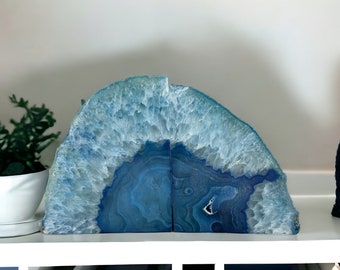 Agate Geode Bookends Natural Cut Stone 2 Pieces Rustic Irregular Cut Blue