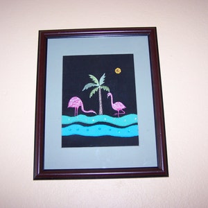 SOLD locally Fabric  Art, FLAMINGOS midnight sun, embroidered flamingo birds,  framed fabric wall picture by Fashion Art Creations