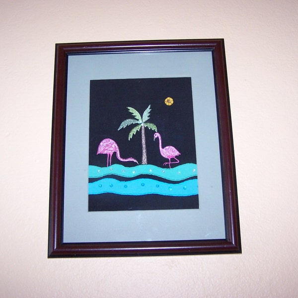 Fabric  Art, FLAMINGOS midnight sun, embroidered flamingo birds, tropical coastal decor framed fabric wall picture by Fashion Art Creations