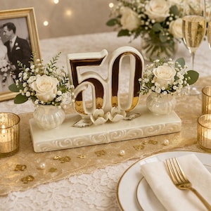 Castiçal Josef Originals para Bodas de Ouro (50º aniversário de casamento) em cerâmica com acabamento lustroso, década de 1950.