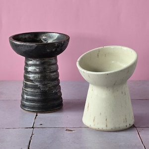 Elevated tilted pet food bowls handmade ceramic stoneware cat wet food dish with metallic or white speckle glaze finish