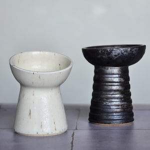 Elevated tilted pet food bowls handmade ceramic stoneware cat wet food dish with metallic or white speckle glaze finish