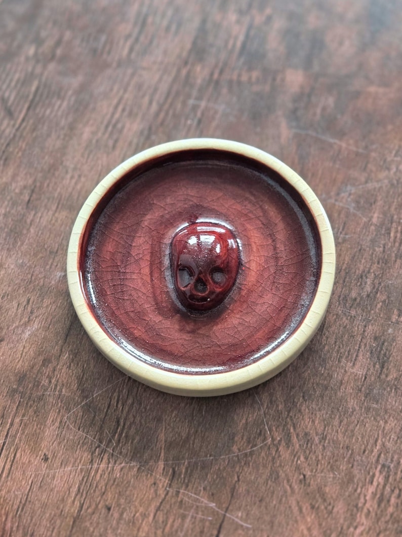 ceramic trinket dish handmade ring holder gothic key tray stoneware altar plate skull pottery jewelry storage alternative homeware Crimson Crackle