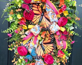 XL Butterfly Swag Wreath, Glam Spring Door Decor