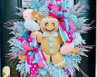 Gingerbread Couple Christmas Door Wreath: Pink Candy Decor - Etsy