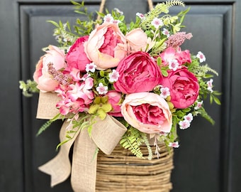 Spring Peony Door Hanger Basket, Pink Peony Wreath for Front Door, Farmhouse Floral Door Basket, Spring Summer Door Decor, Mother’s Day Gift