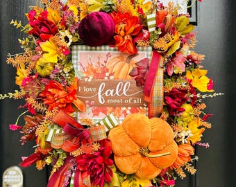 XL Autumn Pumpkin Wreath, Fall Door Decor