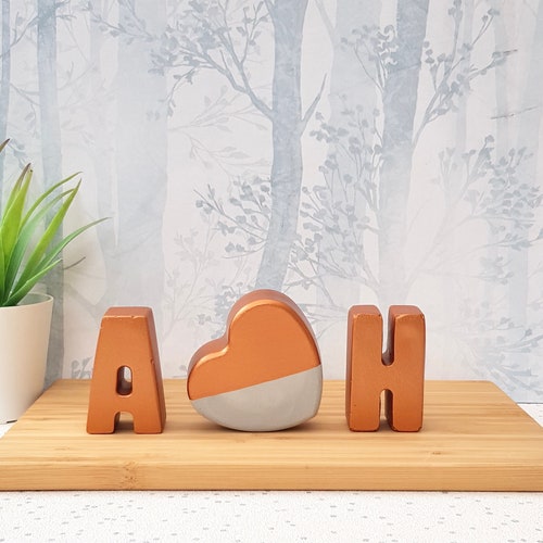 Copper Concrete Letters & Heart, 2-Letter Anniversary Gift