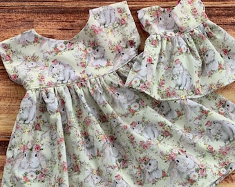Bunny Dolly and Me Dress for Girl, Easter Dress, Matching Girl and Doll Dress, Gift for Girl, Girl and Doll Outfit, 18 inch Doll