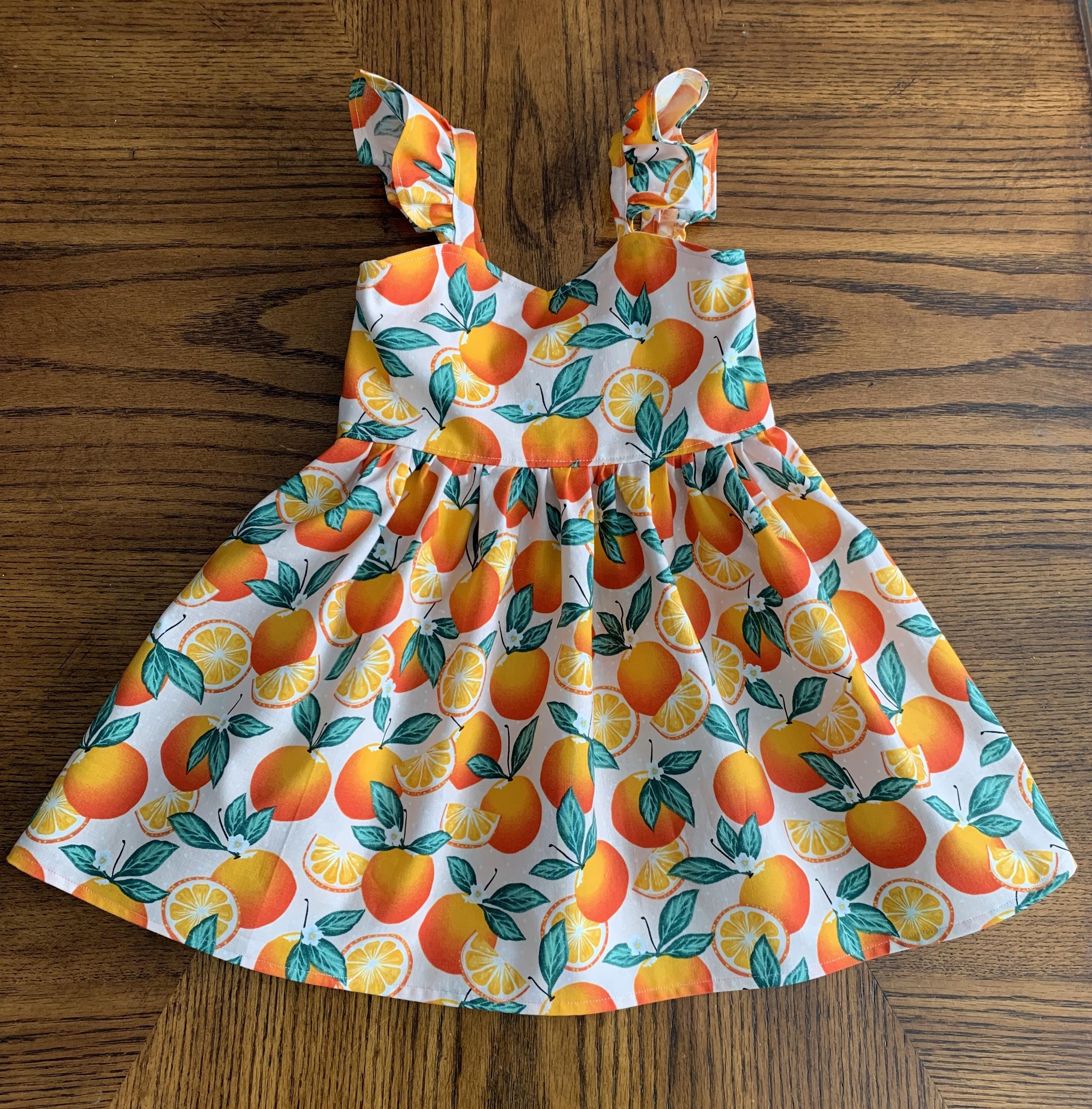 Girls Clementine Dress, Summer Fruit Twirly Dress, Little Cutie on