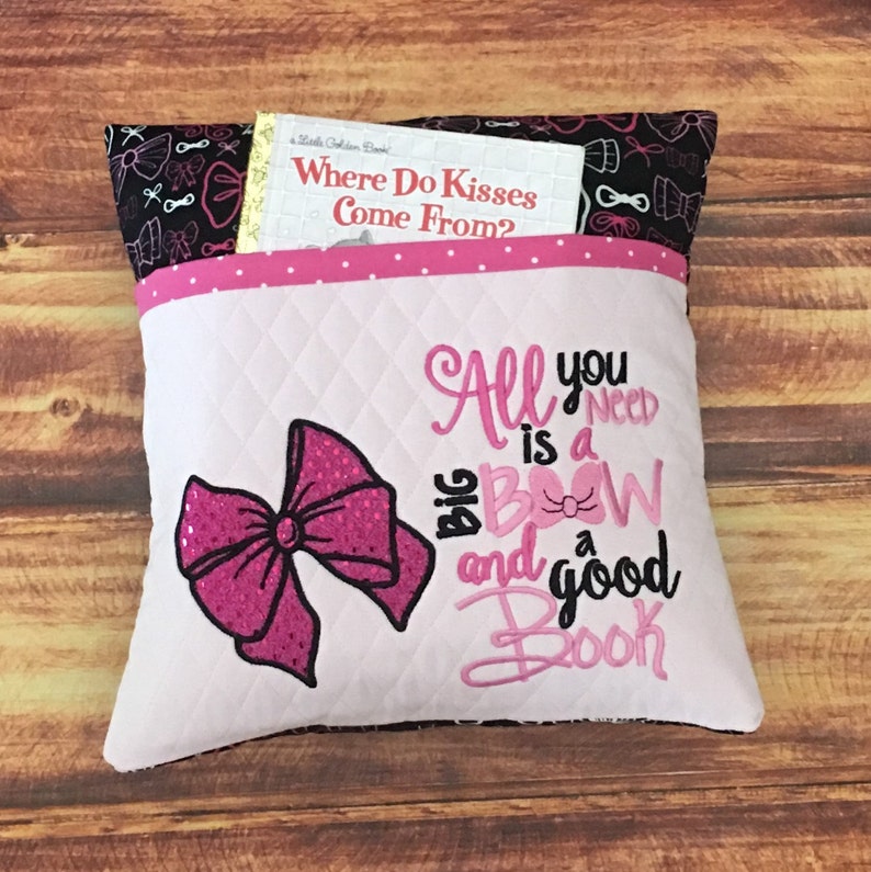 Pink Bow Pillow, Pocket Pillow, Reading Pillow, Sequin Pillow, Pink Glitter Bow, Bow Pillow, Sequin Bow, Book Holder Pillow, Sparkly Bow image 1