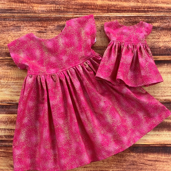 Ready to Ship, Dolly and Me Dresses, Pink and Gold Dress, Birthday Gift for Girl, Twirl Dresses for Girls, Sparkly Dress, 18 inch Doll, 3T