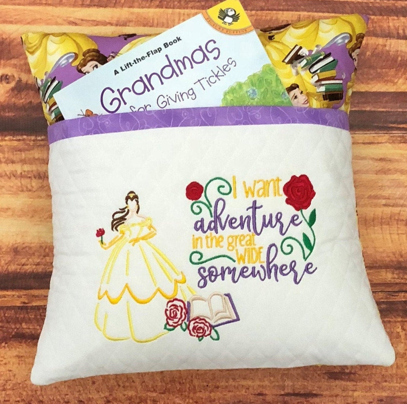 Beauty and the Beast Inspired Reading Pocket Pillow PocketReadingStorage pillow ,Book Lover gift Belle Princess Pillow Disney Decor