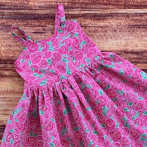 Garden Party Dress, Pink Floral Roses Girl Dress, Handmade Spring Dress for Baby Toddler or Girl, Family Photos, Baby Girl Birthday Dress