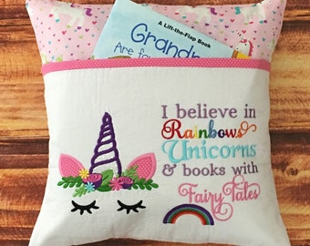 Unicorn Pillow, Unicorn Gift for Girls, Unicorns and Rainbows, Unicorn Pocket Pillow, Book Pillow, Unicorn Reading Pillow, Unicorn Party