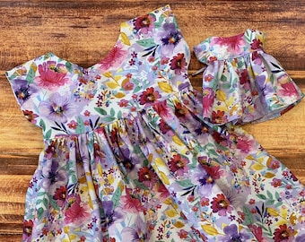 Matching Girl and Doll Dress, Dolly and Me Dress, Granddaughter Gift, Watercolor Flowers, Gift for Daughter, Birthday Gift, 18" Doll