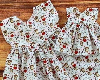 Teddy Bear Dress, Heart Dolly and Me Dress, Matching Girl and Doll Dress, Girl and Doll Matching Outfit, Valentine Gift for Girl, 3T