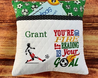 Embroidered Soccer Reading Pillow with Pocket: Handmade Cotton Book Pillow