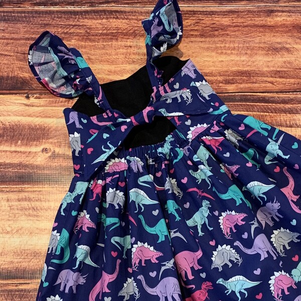 Pink Dinosaur Twirly Dress, Dinosaur Dress for Girls, Birthday Gift, Dinosaur Gift for Girl, Dino Dress, Rainbow Dinosaur, Girly Dinosaur