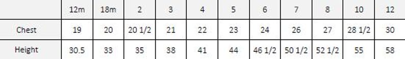 Pu&ograve; includere: Una tabella delle taglie con linee nere su sfondo chiaro. La riga superiore elenca le taglie 12m, 18m, 2, 3, 4, 5, 6, 7, 8, 10 e 12. Le righe sottostanti forniscono le relative misure di torace e altezza in pollici per ogni categoria.