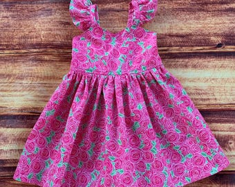 Pink Floral Rose Dress, Ruffle Sleeve Party Dress, Garden Party Dress, Spring Dress for Baby Toddler or Girl, Flower Girl, Family Photos