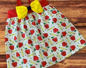 Girls First Day of School Dress, Girls Pencil Dress, Back to School Outfit, Picture Day Dress, Red Apple Dress, School Supply Dress