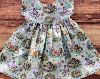 Girls Kitten And Butterfly Twirly Dress, Cat Tea Party, Girls Party Dress, Kitten Birthday, Butterfly Dress