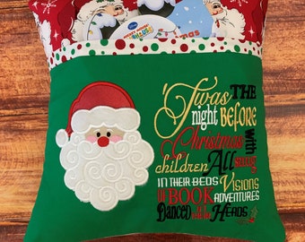 Handmade Christmas Book Pillow: Embroidered Santa Pocket Pillow