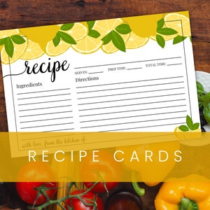 Tarjetas de recetas de limón / Fácil de imprimir en casa / 4x6 / Descarga digital