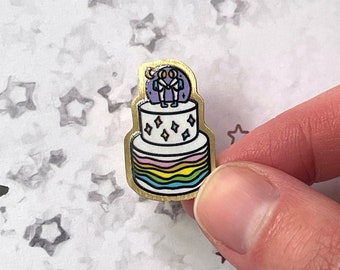 Astronaut Cake Metal Pin - 1" Recycled Brass Astronaut Pin, Rainbow Wedding Cake, Gold-Colored Space Pin, Subtle LGBTQ+ Pride Badge