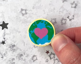 Earth Love Metal Pin - 1" Recycled Brass Astronaut Pin, Globe, Pink Heart, Gold-Colored Space Pin, Tree-Hugger Pin Badge