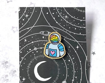 Gaystronaut Metal Pin - 1" Recycled Brass Astronaut Pin, Astronaut Floating in Zero-G, Gold-Colored Space Pin, Subtle LGBTQ+ Pride Badge