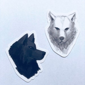 Black & White Wolf Sticker Pack Set of 2 Water-Resistant Stickers, Alpha Omega Mates Werewolves, Dog, Cool Realistic Wolf Head Art image 2