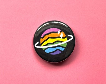 Rainbow Planet Pinback Buttons - Cute 1.25” Black and Rainbow Pinback Button Badges with a Colorful Saturn Design