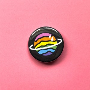 Rainbow Planet Pinback Buttons - Cute 1.25” Black and Rainbow Pinback Button Badges with a Colorful Saturn Design