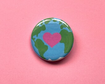 Earth Love Pinback Buttons - Cute 1.25” Blue and Pink Heart Pinback Button Badges with an Earth Planet Design