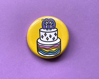 Astronaut Cake Pinback Buttons - Cute 1.25” Yellow Pinback Button Badges with Rainbow Wedding Cake Astronauts