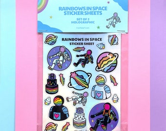 Holographic Astronaut Sticker Sheets - 2 Vinyl Iridescent Rainbows in Space Sticker Sheets, Stars, Planets, Subtle LGBTQ+ Pride