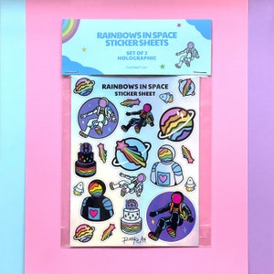 Holographische Astronaut Sticker Sheets - 2 Vinyl Iridescent Rainbows in Space Sticker Sheets, Stars, Planets, Subtil LGBTQ + Pride