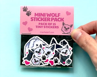 Mini Wolf Sticker Set - 15 Tiny Glossy Stickers with Wolves, Werewolf, Dogs, Pawprints, Pink Hearts, Black and White Fated Mates Wolves