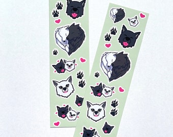 Cute Wolf Sticker Sheets - 2 Glossy Sticker Sheets with Wolves, Werewolf, Dogs, Pawprints, Pink Hearts, Black and White Fated Mates Wolves