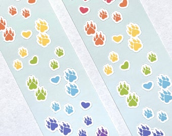 Rainbow Paw Sticker Sheets - 2 Glossy Sticker Sheets with Wolf Pawprints, Colorful Dog Paws, Rainbow Hearts, Multicolored Stickers