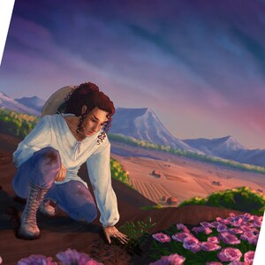 May include: A woman with long brown hair wearing a white shirt and brown boots kneels in a field of pink flowers. She is looking down at a small plant in her hand.