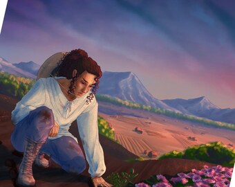 LifeWeaver Art Print - Mountainous Farmland Landscape, LGBTQ+ Fantasy Novel Character, Life and Death, Flower Fields and Farms, Curly Hair