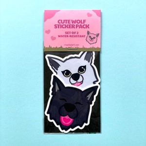 2 Cute Wolf Stickers - 100% Recycled Paper or Water-Resistant Stickers, Werewolf, Dog Sticking Out Her Tongue