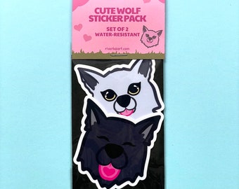 2 Cute Wolf Stickers - 100% Recycled Paper or Water-Resistant Stickers, Werewolf, Dog Sticking Out Her Tongue