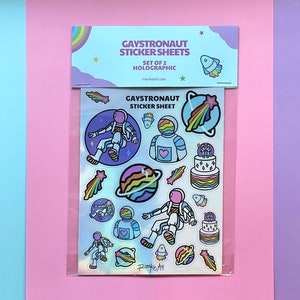 Gaystronaut Holographic Astronaut Sticker Sheets - 2 Vinyl Iridescent Space Themed Sticker Sheet Set, Sterne, Planeten, subtiler LGBTQ + Stolz