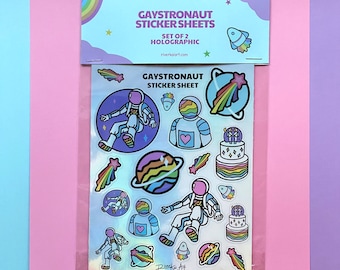 Gaystronaut Holographic Astronaut Sticker Sheets - 2 Vinyl Iridescent Space Themed Sticker Sheet Set, Stars, Planets, Subtle LGBTQ+ Pride