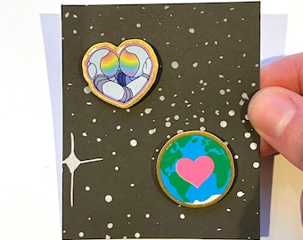 2 Space Pins - Set of 2 1" Recycled Brass Astronaut Pins, Globe, Space, Pink Heart, Gold-Colored Metal Pin, LGBTQ+ Subtle Pride Badges